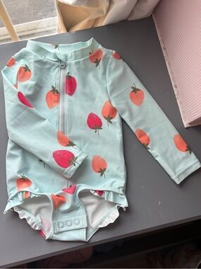 Long-Sleeve One-Piece Rash Guard in Mint with Strawberry Print